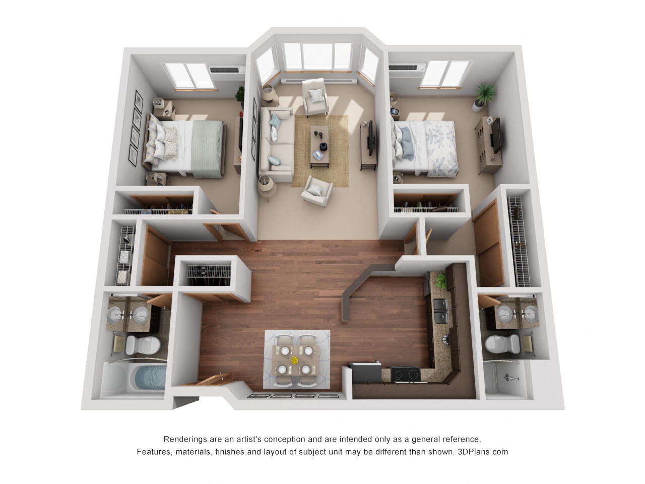 Floor plan for 2 beds, 2 baths, 1024 sqft